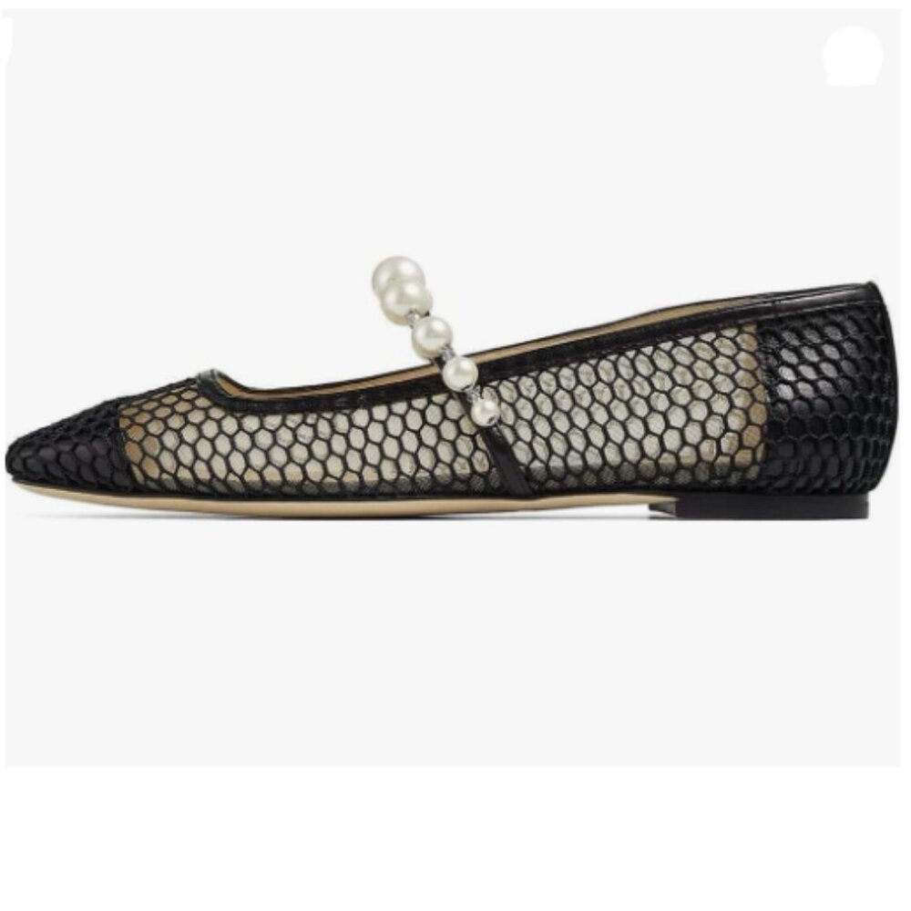 FOWT Women Square Toe Slip on Flats Pearl Studded Strap Elegant Pumps Black Mesh